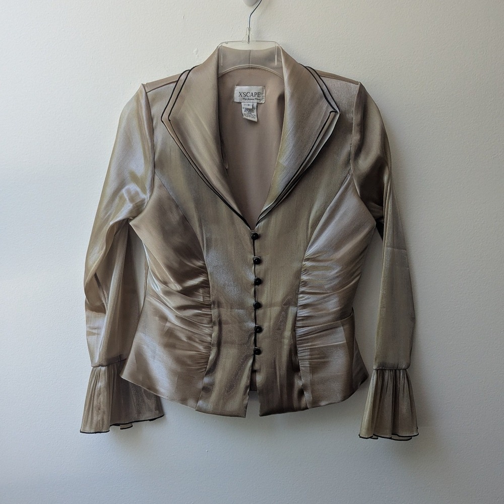 Vtg Evening Top Champagne Gold Black Piping Ruched Bell Sleeve 8 Shimmer Chic